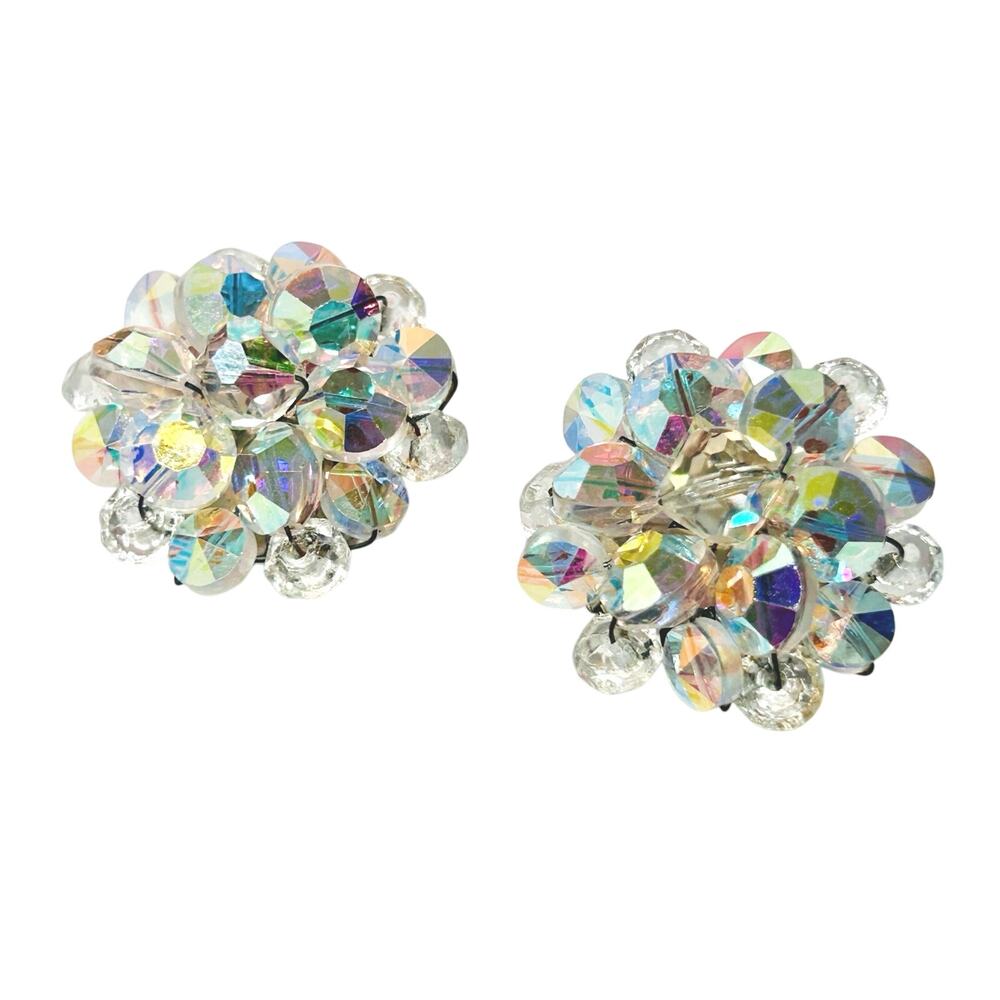 Vintage AB Crystal Clip-On Earrings Iridescent Floral Cluster